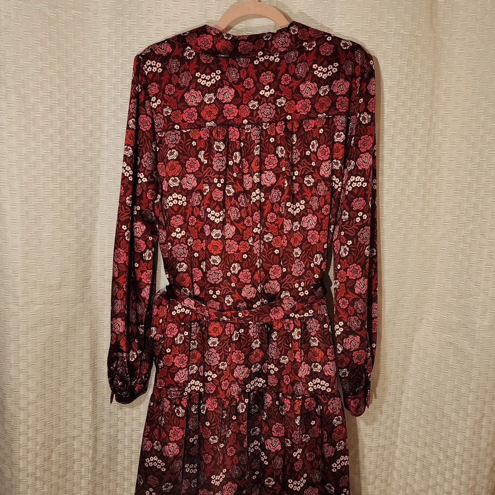 Floral Wrap Dress Red and Pink Silky Eco Friendly Recycled Fabric Fall Workwear - Picture 6 of 7